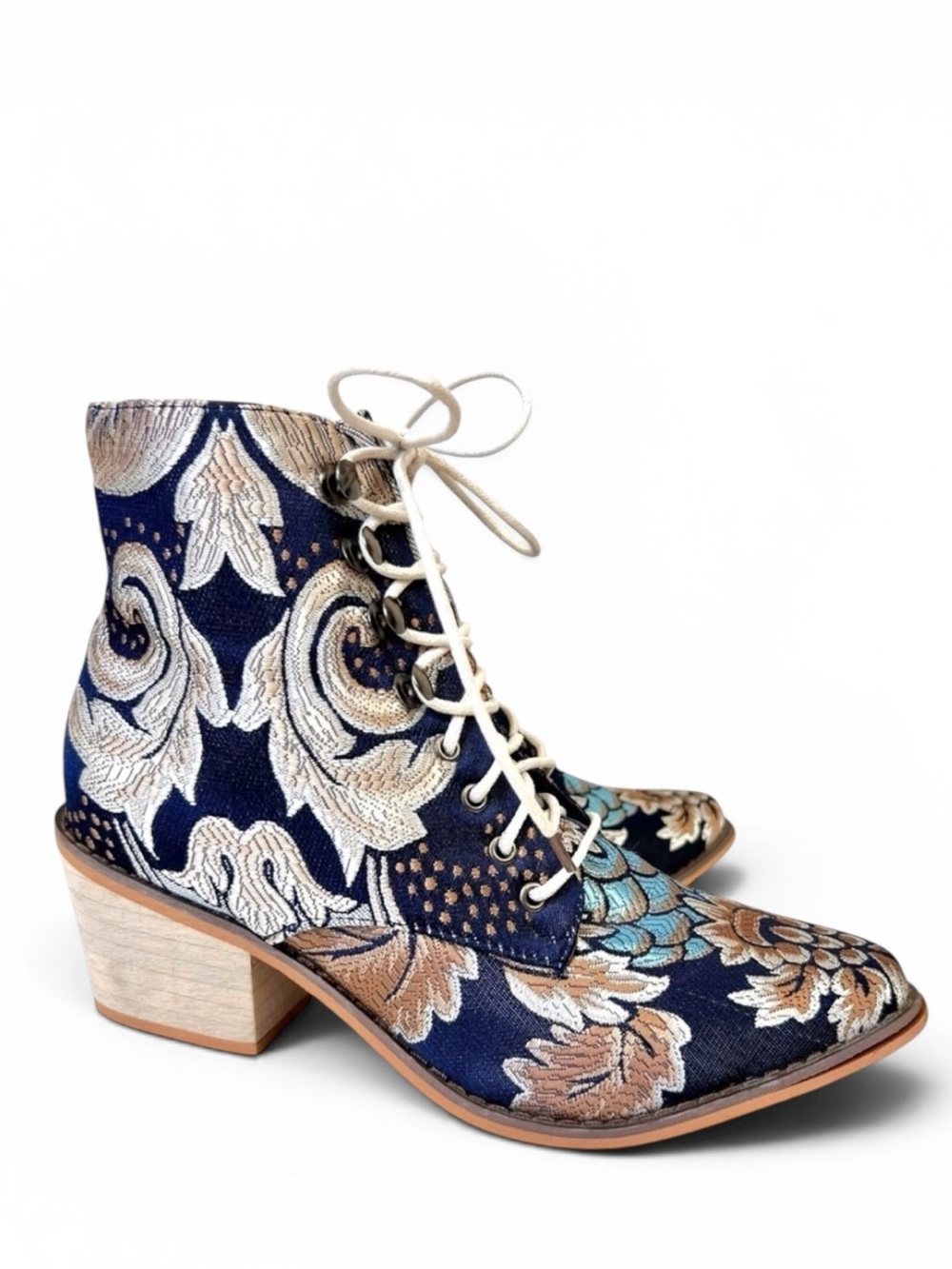 Vintage Satin Floral Embroidered Block Heel Cowboy Ankle Booties